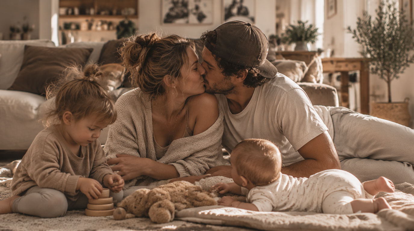 Eltern kuscheln und spielen gemeinsam mit ihren zwei Kindern im Wohnzimmer