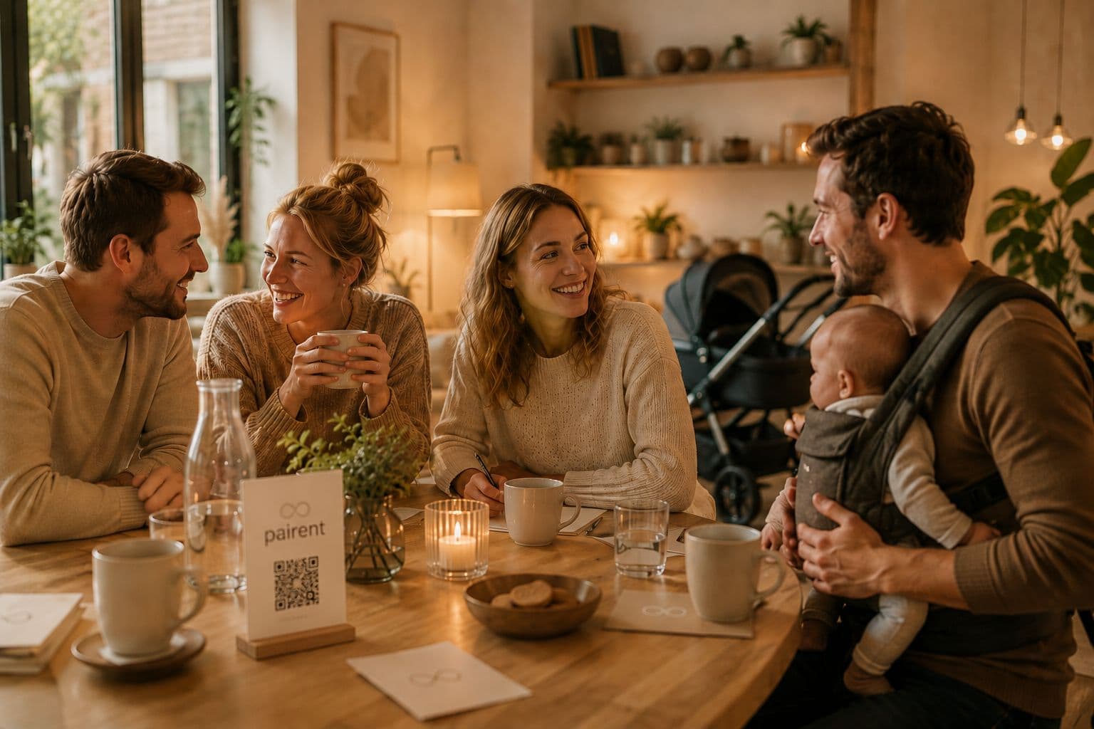 Werdende und junge Eltern im Gespräch – rechts ein Vater, der sein Baby in der Babytrage trägt