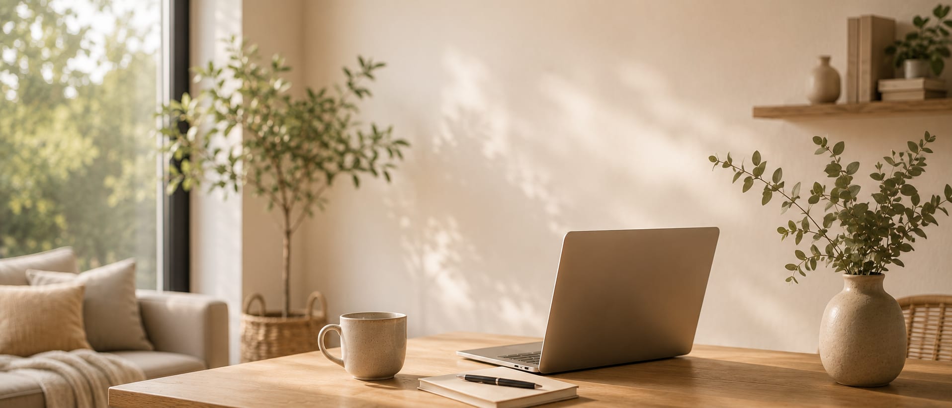 Ruhiger Arbeitsplatz am Fenster mit Laptop, Tasse und Notizbuch