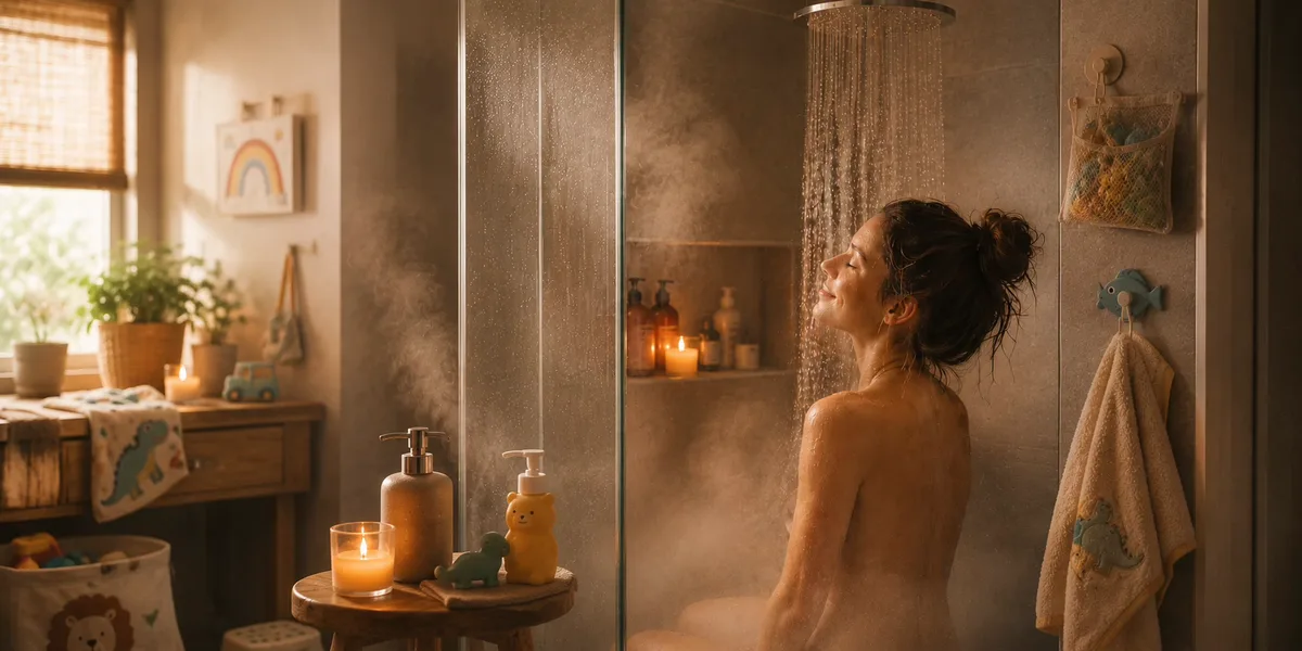 Ein Moment für sich: eine Person genießt eine ruhige Minute allein unter der Dusche im Familienbad