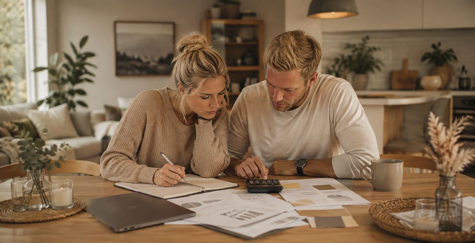 Ein Paar sitzt am Esstisch, rechnet mit dem Taschenrechner und macht sich Notizen zu den Familienfinanzen