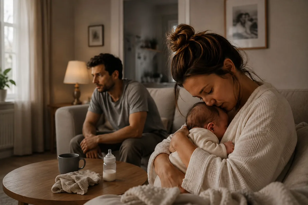 Eine Mutter hält ihr schlafendes Baby im Arm, während der Vater im Hintergrund nachdenklich zur Seite blickt
